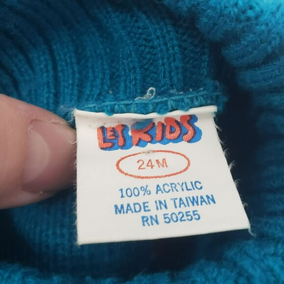 Vintage Let Kids Teal Knit Football Knit Sweater Pants Beanie Hat 70s Retro 24M - Picture 3 of 15